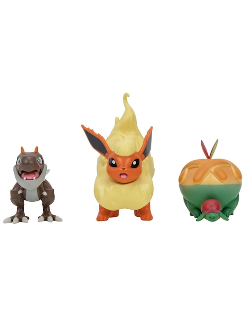 Set figuras acción Pokémon Flareon, Tyrunt y Appletun Jazwares articuladas