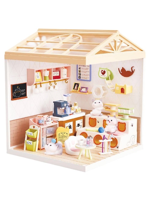 TOY TOWN Casa miniatura cafetería DIY Assembling Cat Coffee Shop Set Toy Town