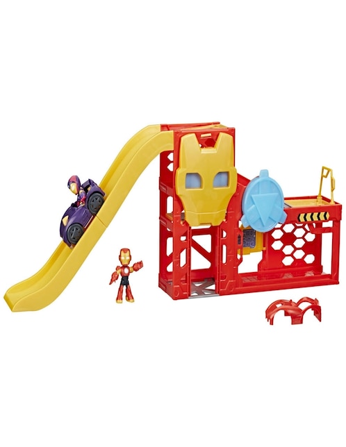 Set figuras de juguete articulada Iron Man y Sus Sorprendentes Amigos Iron Garaje Marvel 2 en 1