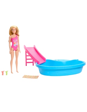 Muñeca Fashion Barbie Piscina Y Tobogán