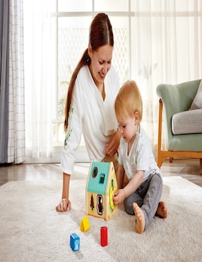 Juego didáctico clasificador de formas de casas de bichos Hape