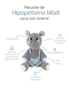 Peluche de hipopótamo Zana hecho a mano de 37 cm