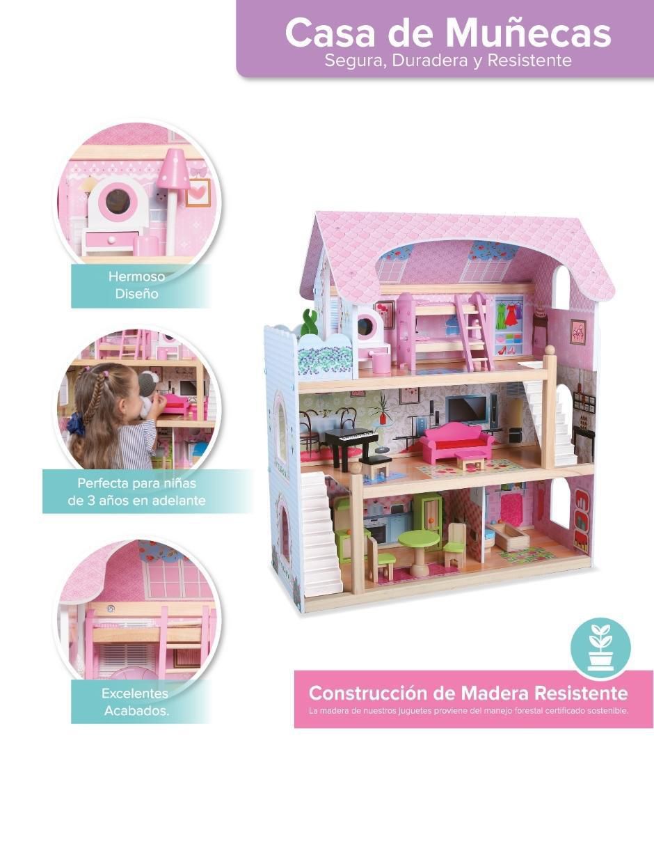 Casa De Muñecas De Madera Con Muebles Casita Para Niñas Emma