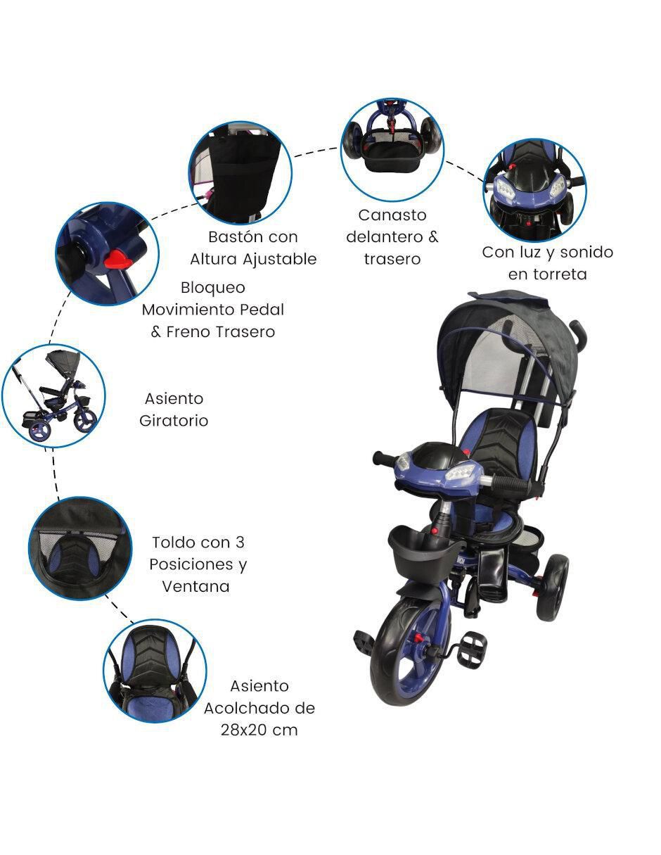 Triciclo rodada 10 asiento 360 con luz y sonido unisex 3