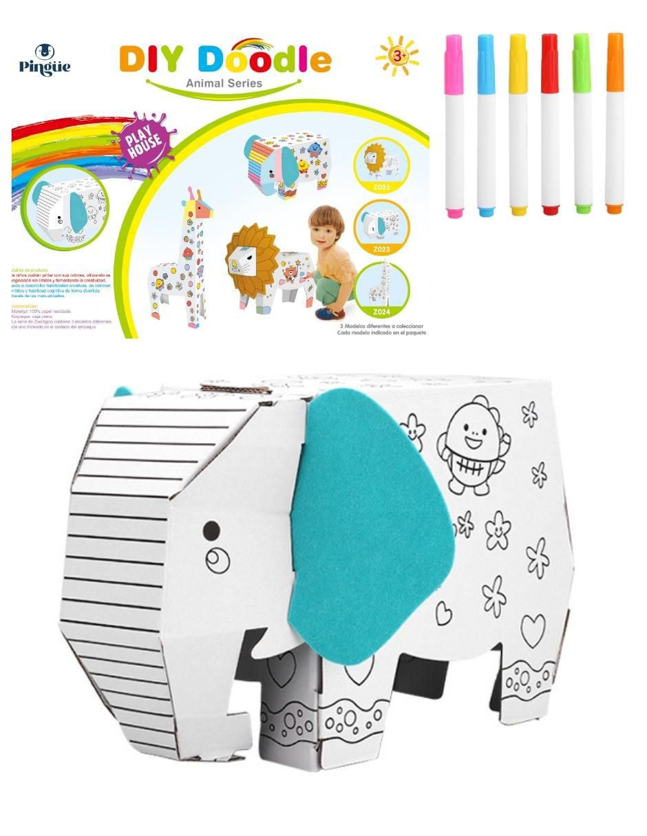 Figura armable de cartón para pintar, elefante. Diy doodle 7