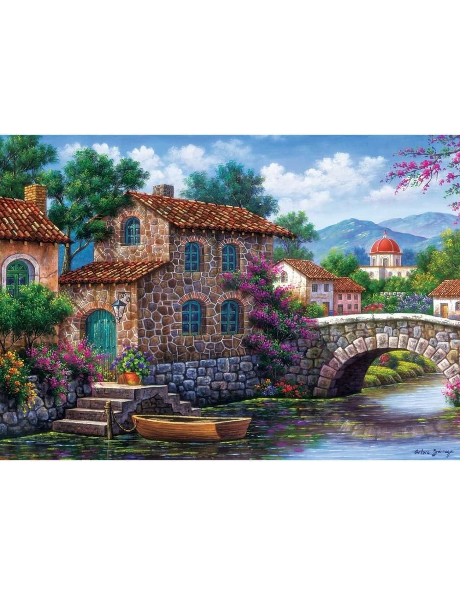 Rompecabezas paisaje canal con flores 500 piezas