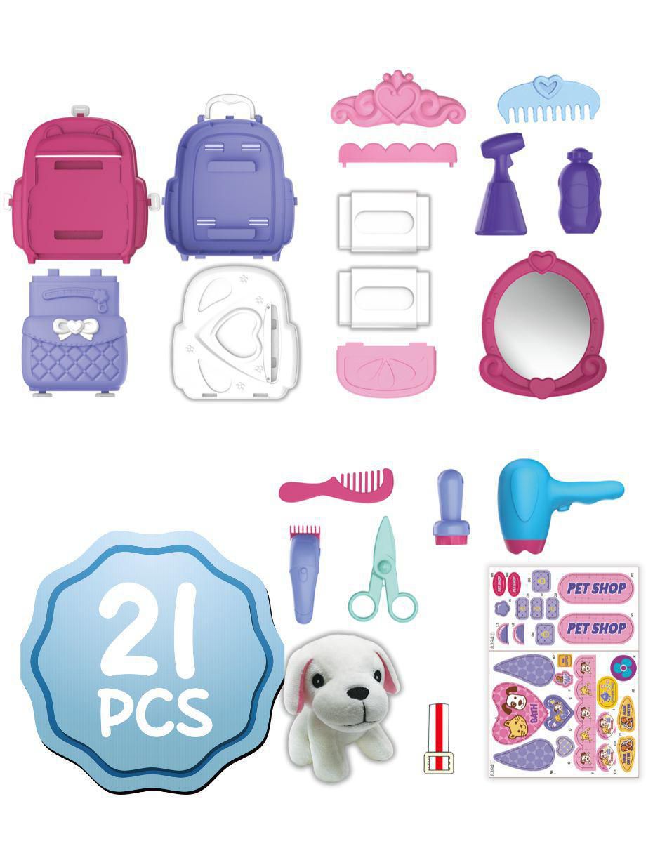 Set 2 en 1 Veterinaria y Belleza con Perrito de Peluche juego de rol para niños 5
