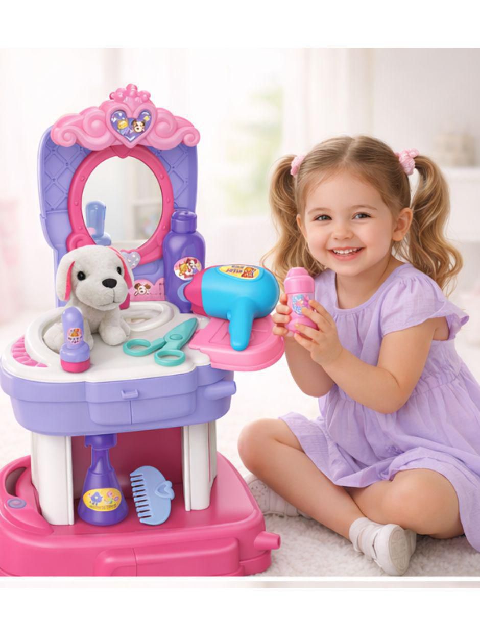 Set 2 en 1 Veterinaria y Belleza con Perrito de Peluche juego de rol para niños 6